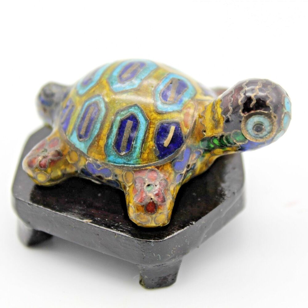 Cloisonne Enamel Inlay Golden Thread Tortoise Turtle Feng Shui Yellow 2 in VTG